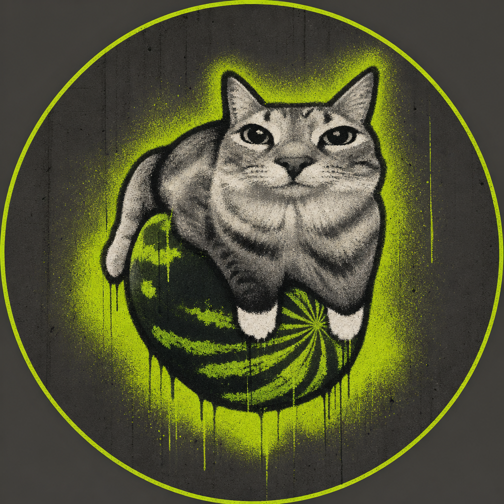 WCAT mascot mark: spray-painted tabby cat curled on a watermelon, inside a neon-green circle